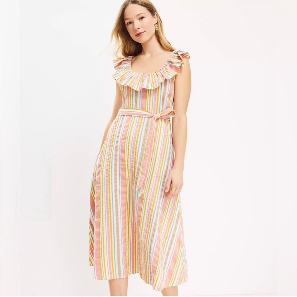 NWOT LOFT Multicolor Striped Ruffle Scoop Neck Midi Dress
